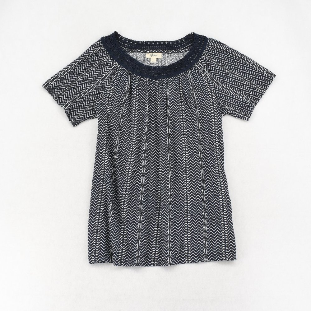 Style & Co Womens Crochet-Trim Chevron Flutter Short Sleeve T-Shirt Top Navy
